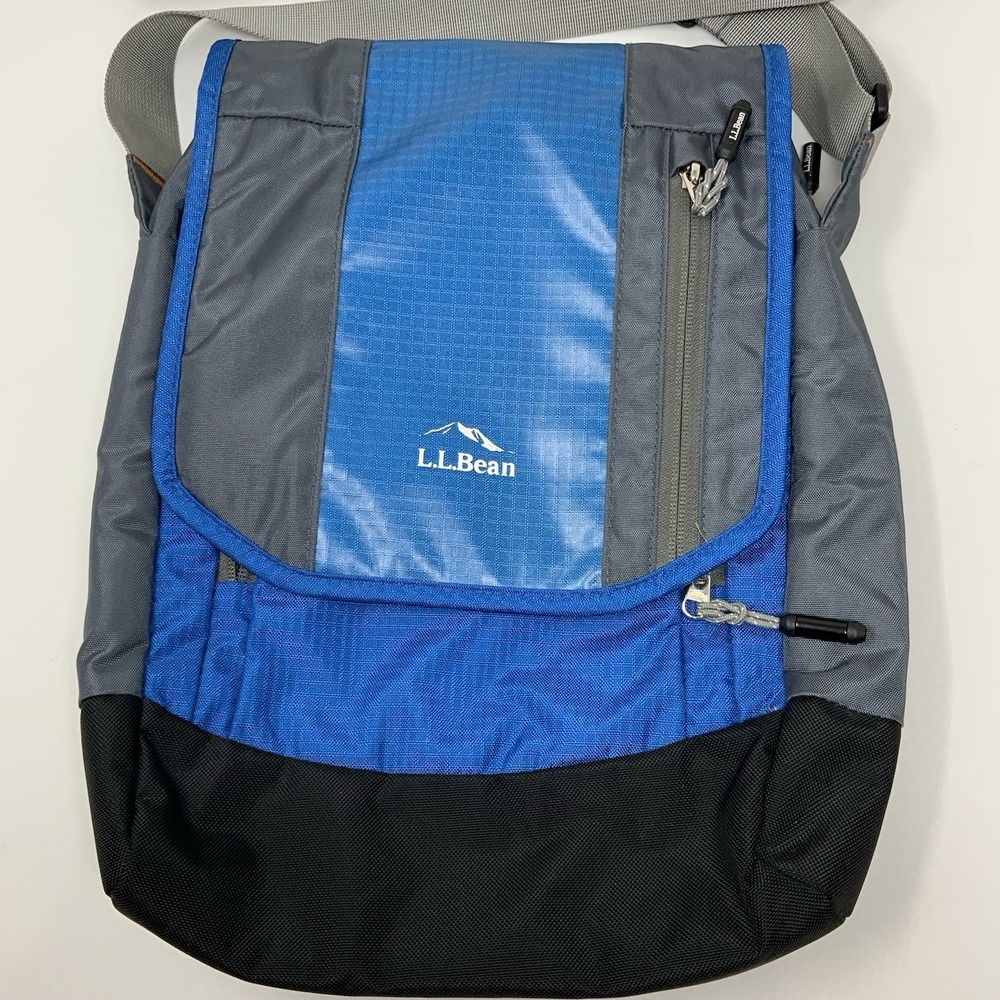 LL Bean Messenger‎ Crossbody Bag Tablet Field Rip Stop Travel Blue Gray Black - Picture 2 of 12